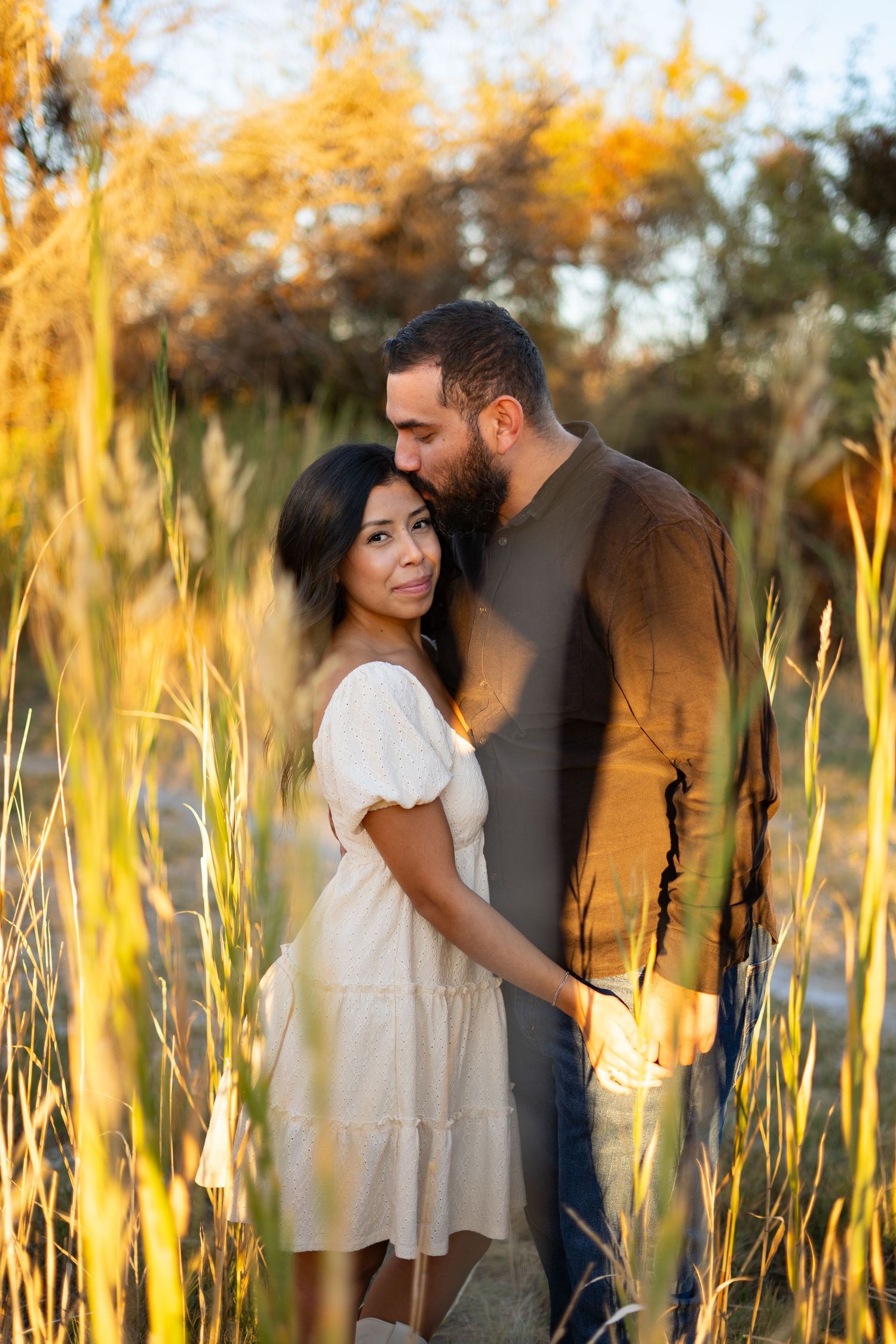 Couple embracing in golden hour sunlight surrounded by tall ornamental grasses in autumn setting. Las Vegas elopement photographer