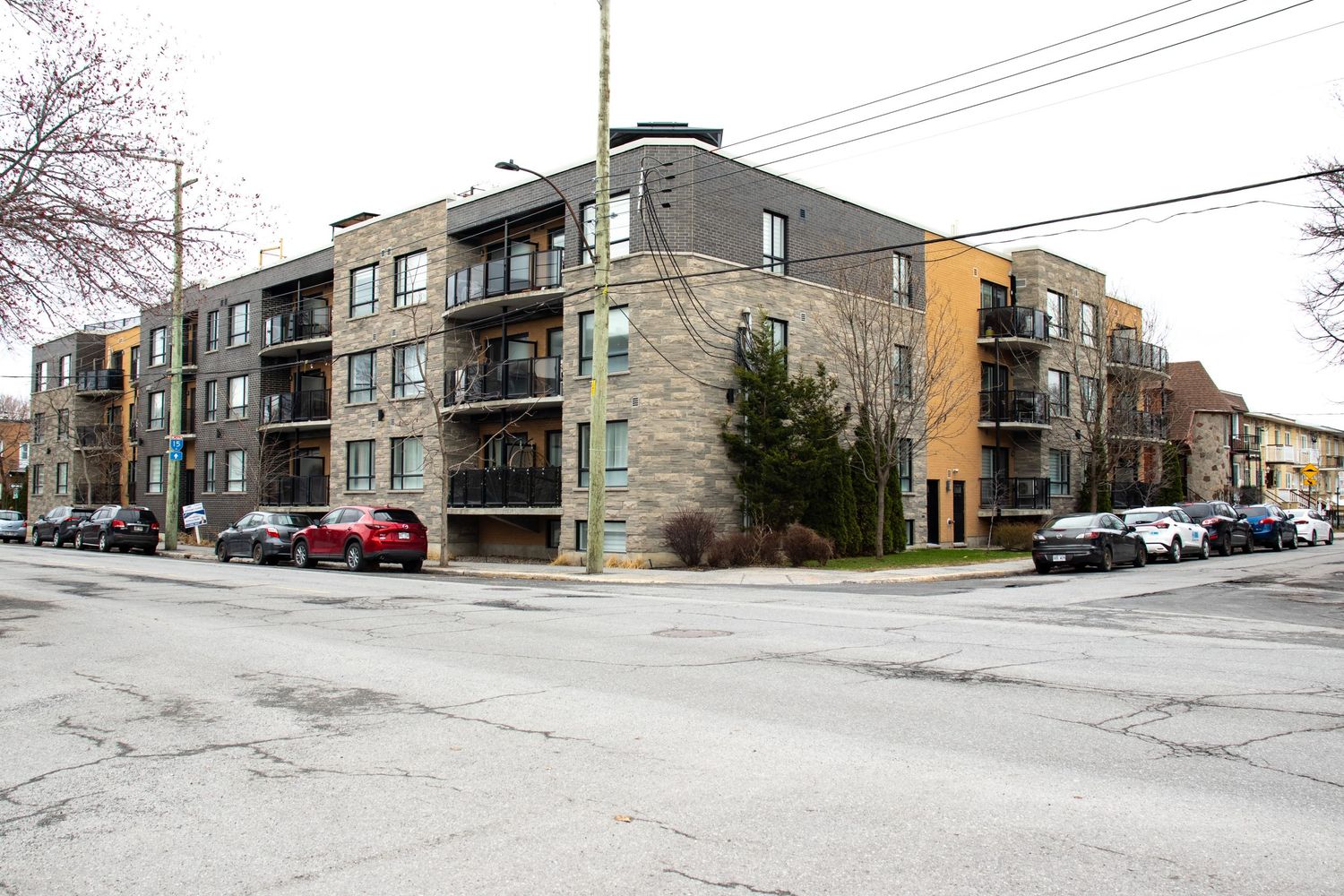Modern residential building exterior photographed in Montréal showing clean architecture and urban surroundings