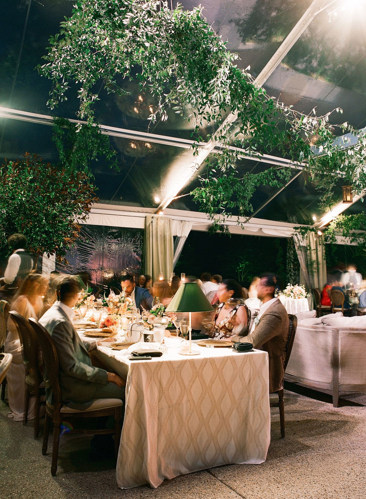 Elegant indoor dining space decorated with overhead tree branches and soft lighting creates a romantic restaurant atmosphere.
