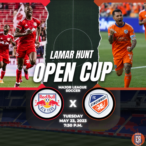 Soccer match promotional graphic showing New York Red Bulls versus Cincinnati FC for an Open Cup game on May 23.