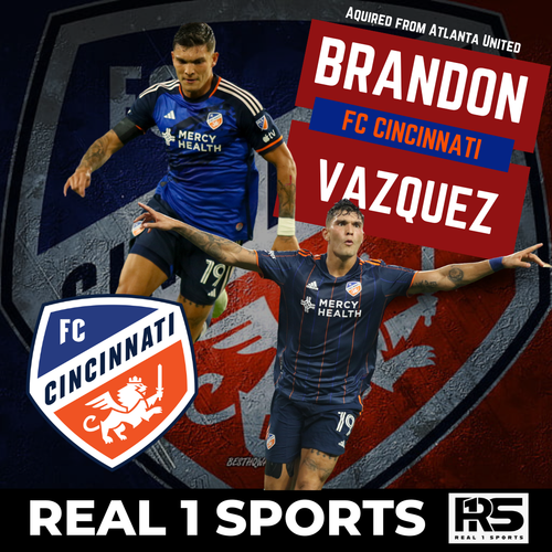 Soccer player in navy blue FC Cincinnati jersey dribbles ball against red backdrop in promotional sports graphic.