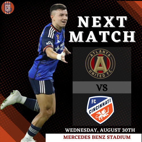 A soccer match announcement graphic showing Atlanta United vs FC Cincinnati match details at Mercedes Benz Stadium.