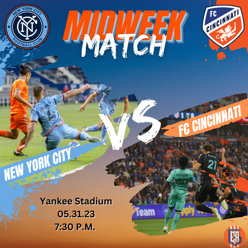 Soccer game promotional image for New York City FC vs FC Cincinnati matchup at Yankee Stadium on May 31, 2023 at 7:30 PM.