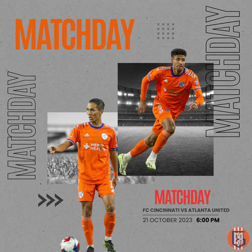 Orange and gray soccer match promotional banner design with multiple player action shots and matchday text overlay.
