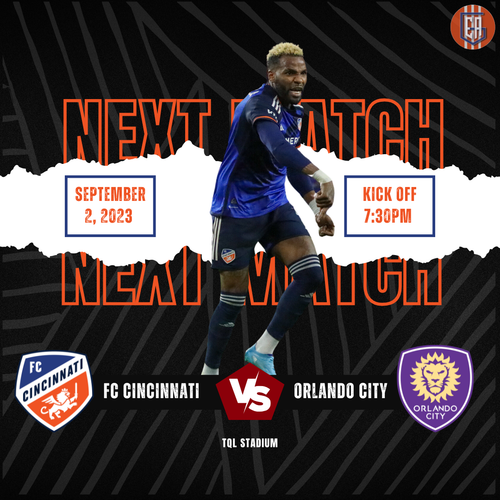 MLS soccer match announcement featuring FC Cincinnati vs Orlando City at TQL Stadium on September 2, 2023.