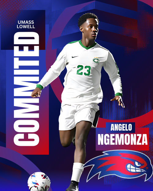 UMass Lowell athletics banner featuring player in white jersey against blue and red dynamic background.
