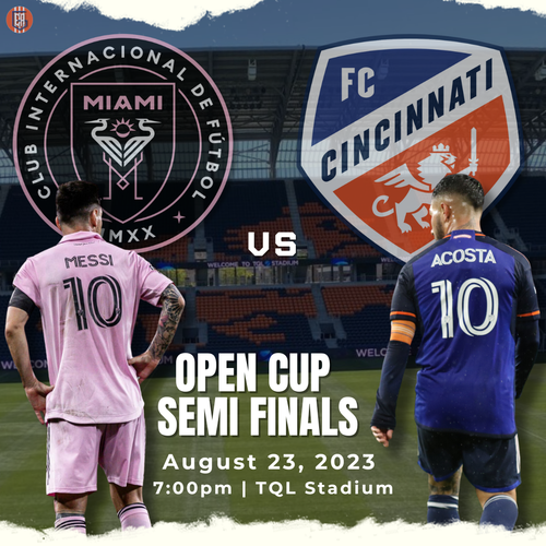 US Open Cup semifinal match graphic showing Inter Miami CF vs FC Cincinnati at TQL Stadium on August 23, 2023.