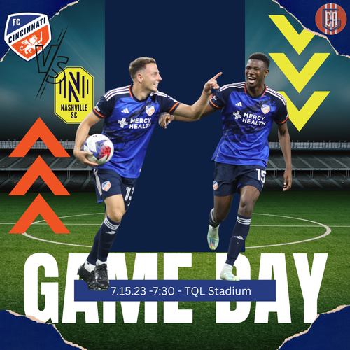 Two soccer players in blue jerseys celebrating during a gameday match at the TQL Stadium.