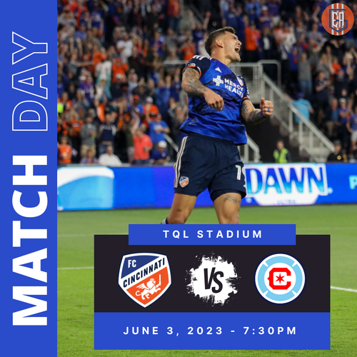 Soccer players compete on the field at TQL Stadium with video boards and match graphics displayed during a game.