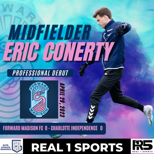 Professional soccer player performs a jumping kick maneuver against a bright blue digital background with text overlays.