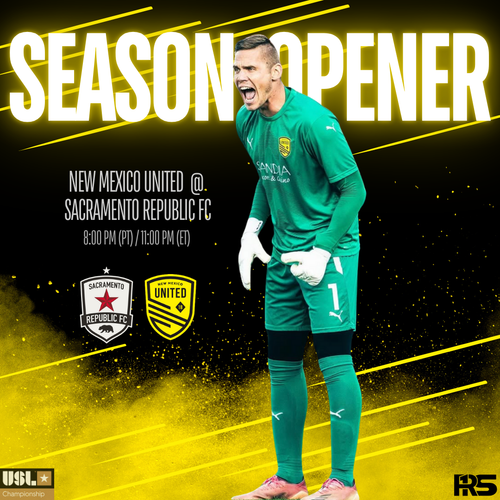 Soccer promotional image for season opener match between New Mexico United and Sacramento Republic FC featuring goalkeeper in green.