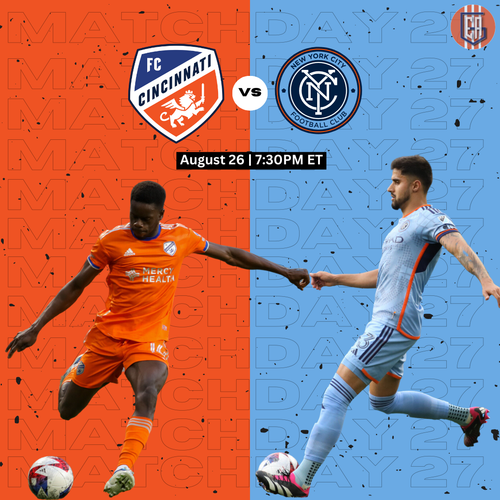 Soccer players compete for the ball during a match between NYCFC and FC Cincinnati at TQL Stadium.