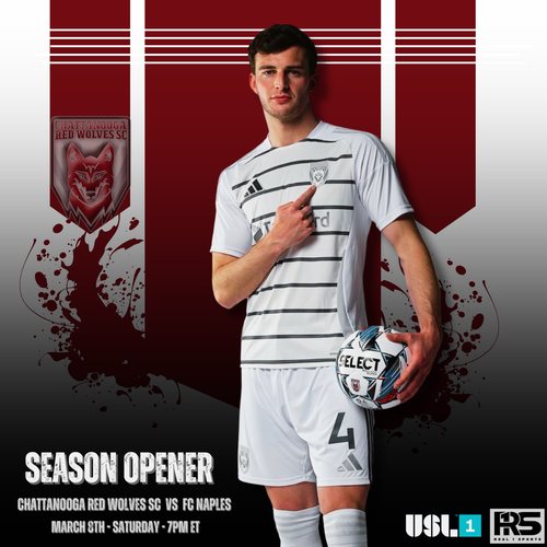 Soccer player in white striped uniform holds match ball against red backdrop with USL and team logo for season opener promo.