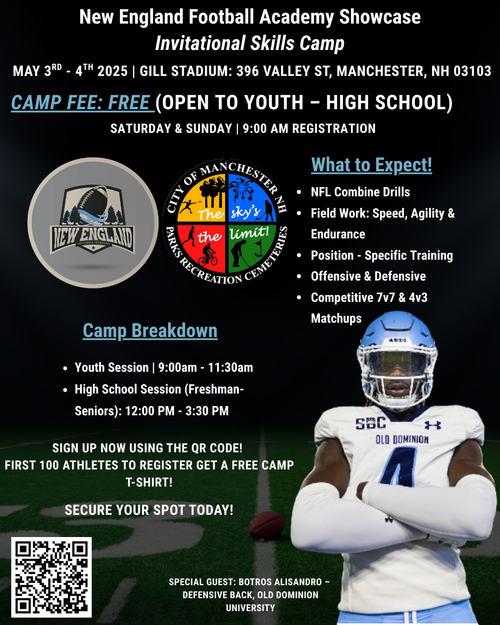 Football academy showcase event promotional banner with camp details, schedule and QR code registration information.
