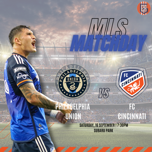 MLS matchday promotional image featuring Philadelphia Union vs FC Cincinnati match at Subaru Park.