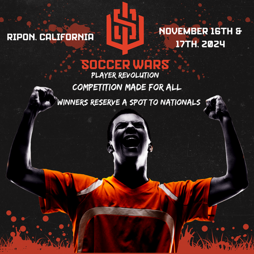 Soccer player in orange jersey silhouetted on black background with red design for Ripon California soccer event promotion.
