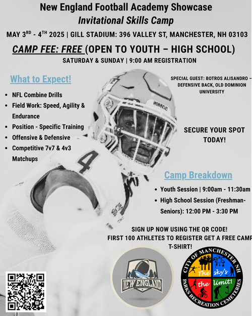 Football camp promotional flyer for New England Football Academy Showcase featuring a helmet and event details at Gill Stadium.