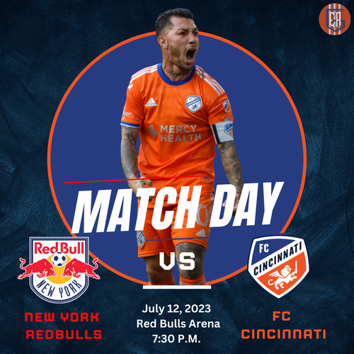 Sports event banner showing New York Red Bulls vs FC Cincinnati match details with orange and blue team graphics.