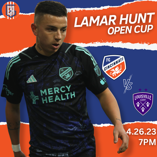 Soccer player wearing black Mercy Health jersey promoting Lamar Hunt Open Cup match on April 26 at 7PM.