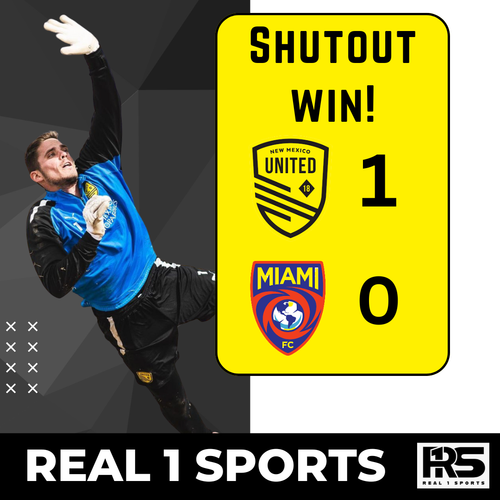 New Mexico United celebrates 1-0 shutout victory over Miami FC with goalkeeper making dramatic save in action photo.