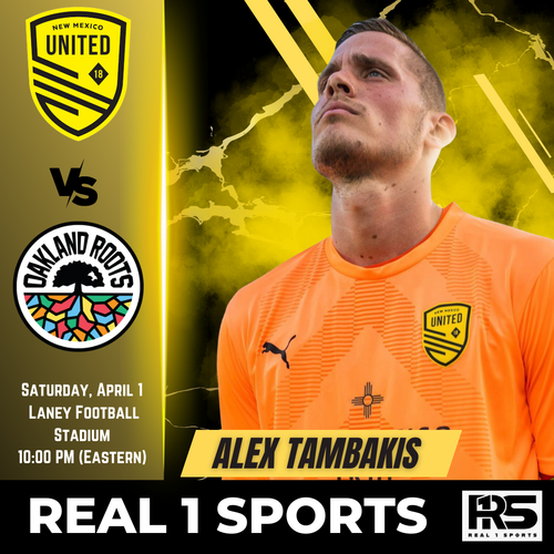 Soccer match promotional graphic showing New Mexico United vs Oakland Roots at Laney Football Stadium on Saturday April 1st.