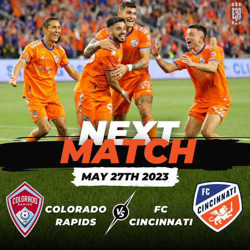 FC Cincinnati players in orange jerseys celebrate together in next match promo against Colorado Rapids on May 27th.