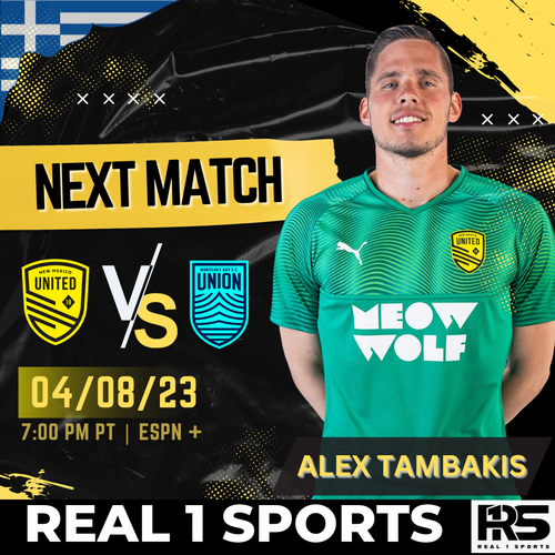 Soccer match graphic showing New Mexico United vs Union Omaha on 04/08/23 with goalkeeper in green Meow Wolf jersey.