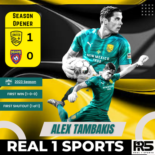Real 1 Sports graphic highlighting goalkeeper Alex Tambakis' clean sheet and win in the season opener against Detroit City.