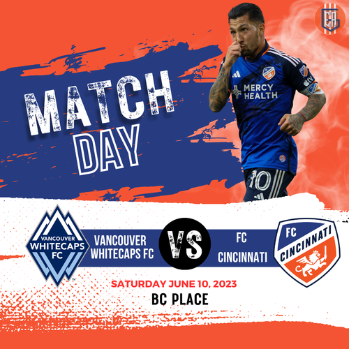 MLS match day promotional graphic featuring Vancouver Whitecaps vs FC Cincinnati game at BC Place on June 10, 2023.