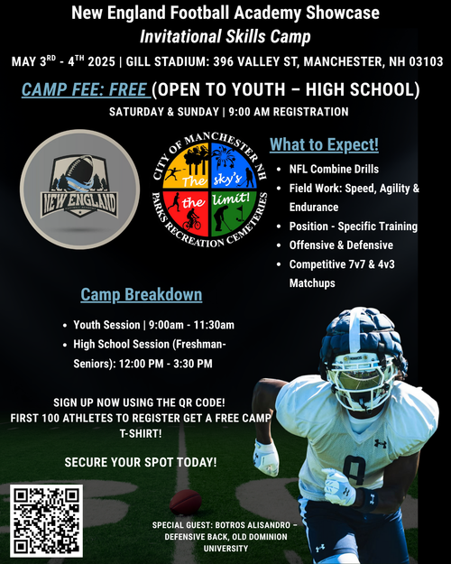 New England Football Academy Showcase camp promotional flyer featuring camp details and training opportunities for youth athletes.
