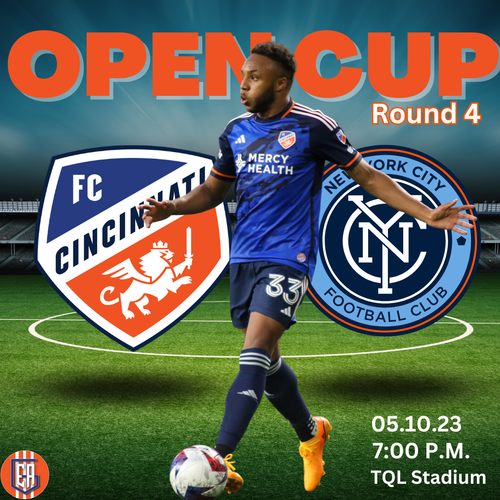 US Open Cup Round 4 match graphic showing FC Cincinnati vs NYC FC logos on May 10 2023 at TQL Stadium.