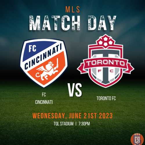 MLS Match Day promotional graphic showing FC Cincinnati versus Toronto FC logos for game on June 21st 2023 at TQL Stadium.
