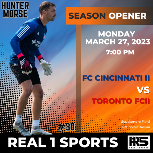 Sports promotional graphic for FC Cincinnati II vs Toronto FC II season opener game at Securicare Field on Monday at 7pm.