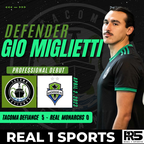 Promotional graphic showing soccer player Gio Miglietti making his pro debut for Tacoma Defiance vs Real Monarchs in green and black.