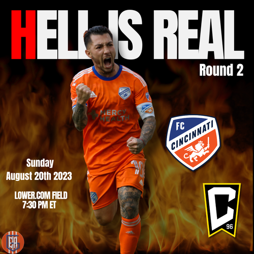 FC Cincinnati match promotional banner featuring orange soccer players and imagery for a game on August 20th 2023.