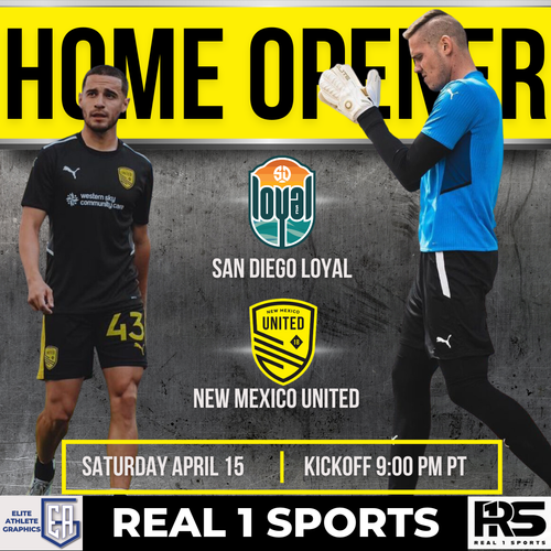 San Diego Loyal vs New Mexico United match announcement graphic featuring players in training gear.