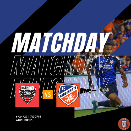Soccer matchday promotional graphic showing DC United versus FC Cincinnati logos with dark diagonal stripes on blue background.