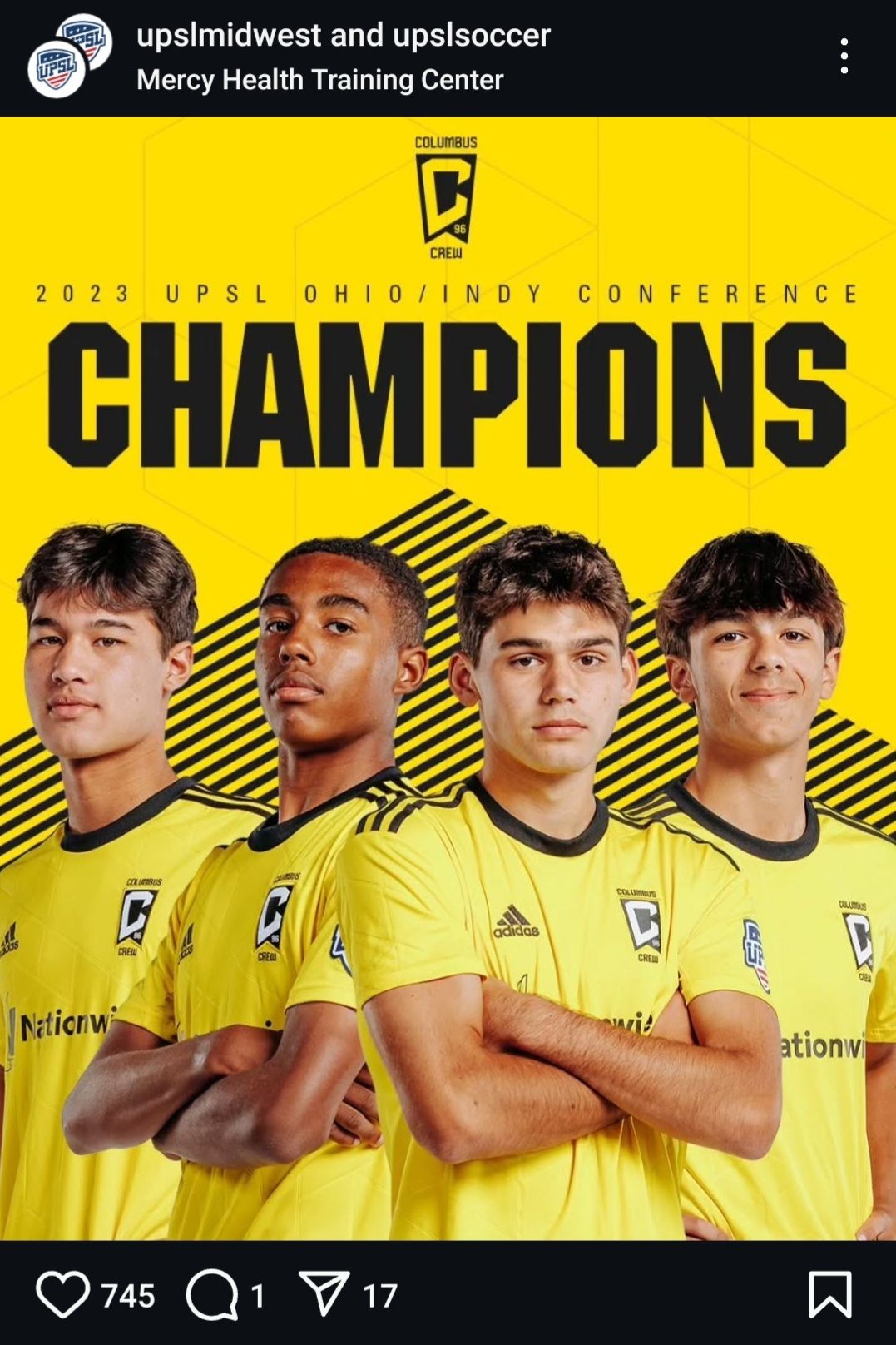 2023 UPSL Ohio/Indy Conference Champions promotional poster with players in yellow jerseys.