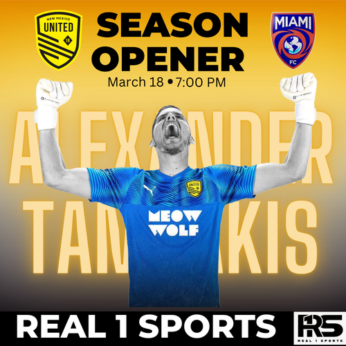 Soccer player in bright blue Meow Wolf jersey raises arms triumphantly against gold text Season Opener promotional design.