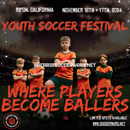 Youth soccer festival promotional poster for event in Ripon California showing players in orange jerseys against dark background.