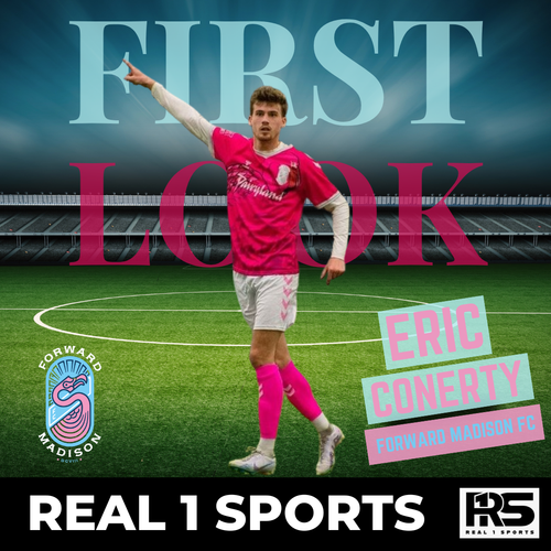 Sports promotional image featuring a player in pink uniform on a soccer field with text overlays and Real 1 Sports branding.