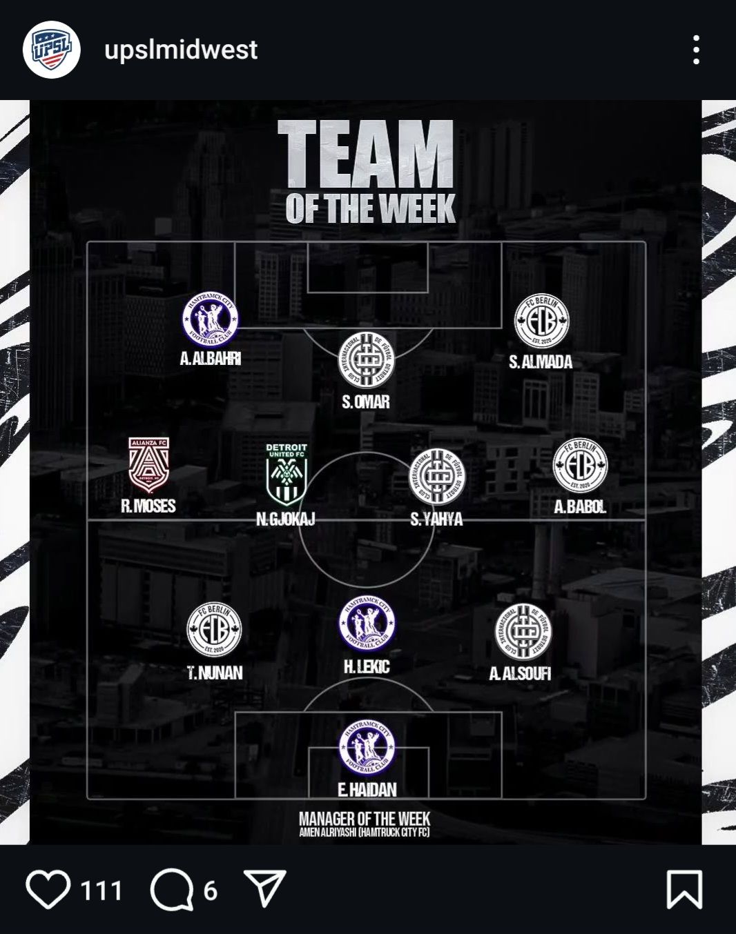 Soccer team of the week lineup displayed in formation diagram on dark background with logos and player positions marked.