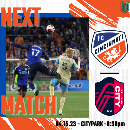 Banner showing multiple soccer match graphics with FC Cincinnati branding and game time details in orange and blue colors.