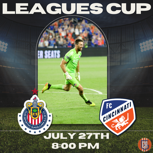 Leagues Cup match promotional graphic showing Chivas Guadalajara vs FC Cincinnati logos and goalkeeper in action for July 27th.