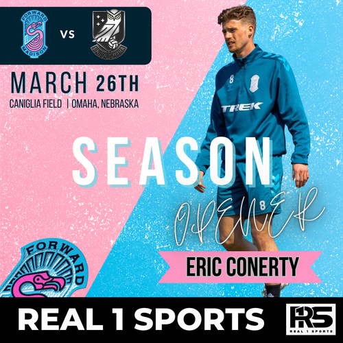 Real Sports promotional banner featuring blue team colors for upcoming March 26th match at Caniglia Field in Omaha.