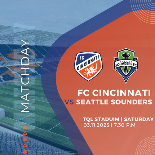 MLS soccer match promotional graphic for FC Cincinnati vs Seattle Sounders at TQL Stadium on Saturday March 11, 2023.