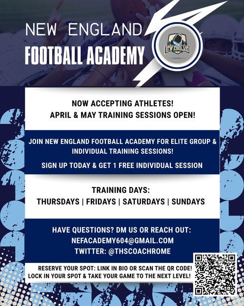 Blue promotional flyer for New England Football Academy advertising spring training sessions with contact information.