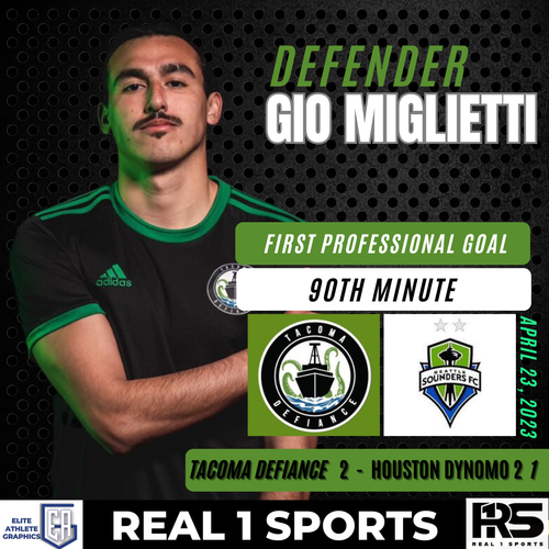 Series of soccer player themed promotional social media graphics with green and black color scheme for Tacoma Defiance team.