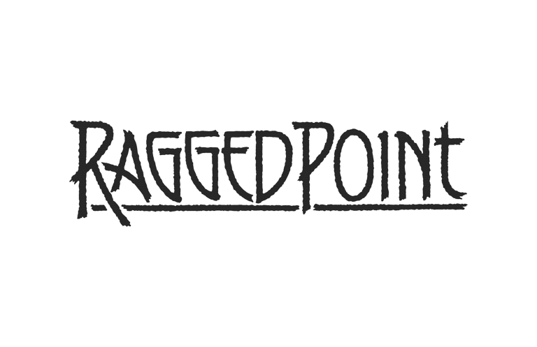 Black text logo design for Ragged Point featuring stylized gothic lettering against a white background.