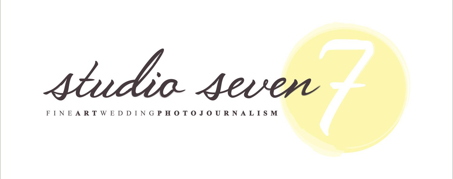 Three minimalist text-based logos for 'studio seven' in different fonts and layouts with yellow circular accents.